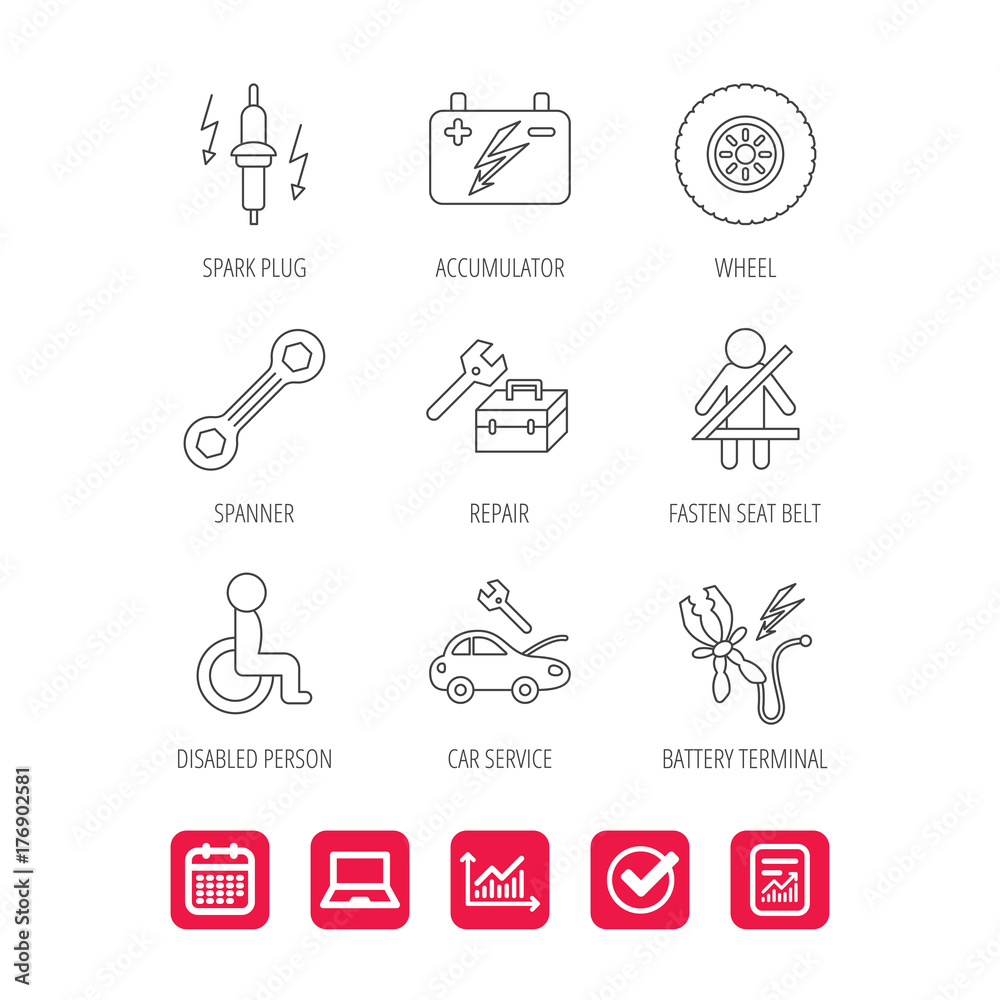Accumulator, spanner tool and car service icons. Accumulator, spanner tool and car service icons.