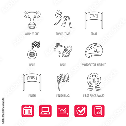 Winner cup and award icons. Race flag signs.