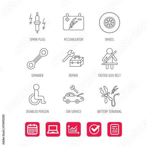 Accumulator, spanner tool and car service icons.