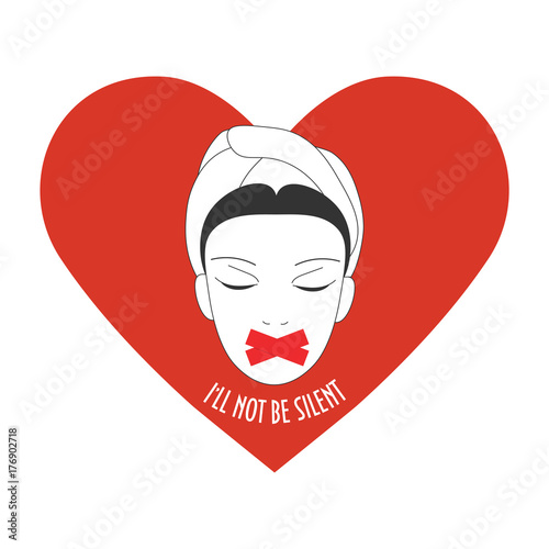 A woman with duct tape on her face in a heart shape. Concept illustration about harassment on work place or any other abuse experience. Text I'll not be silent. Speak out about sexual harassment.