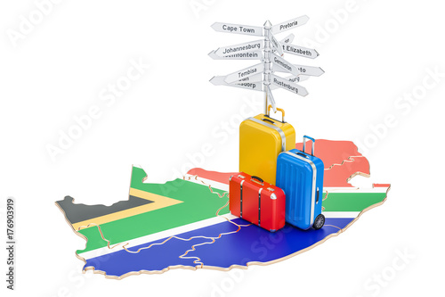 South Africa travel concept. Map with suitcases and signpost, 3D rendering