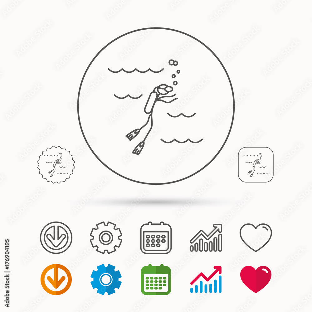 Diving icon. Swimming underwater with tube sign. Diving icon. Swimming underwater with tube sign.