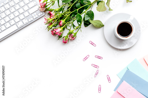 woman work desk with keyboadr and pestals white background yop view mock up