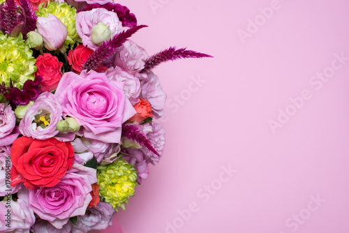 Fototapeta Naklejka Na Ścianę i Meble -  beautiful floral arrangement, pink and red rose, pink eustoma, yellow chrysanthemum