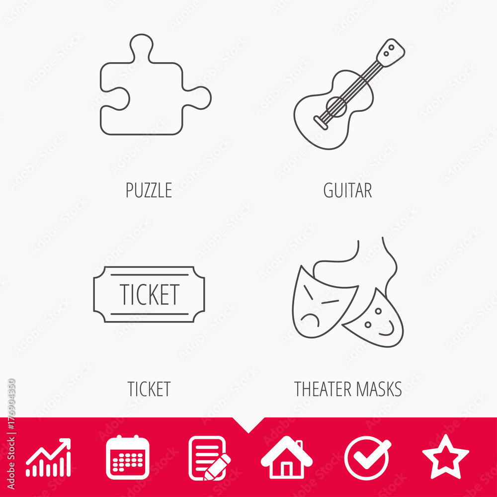 Puzzle, guitar music and theater masks icons.