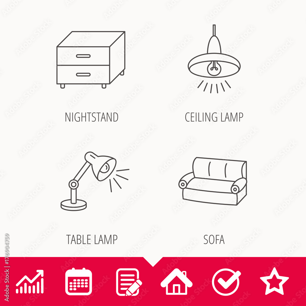 Sofa, table lamp and nightstand icons. Sofa, table lamp and nightstand icons.