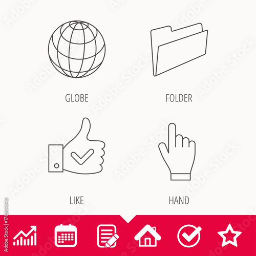 Folder, press hand and world globe icons.