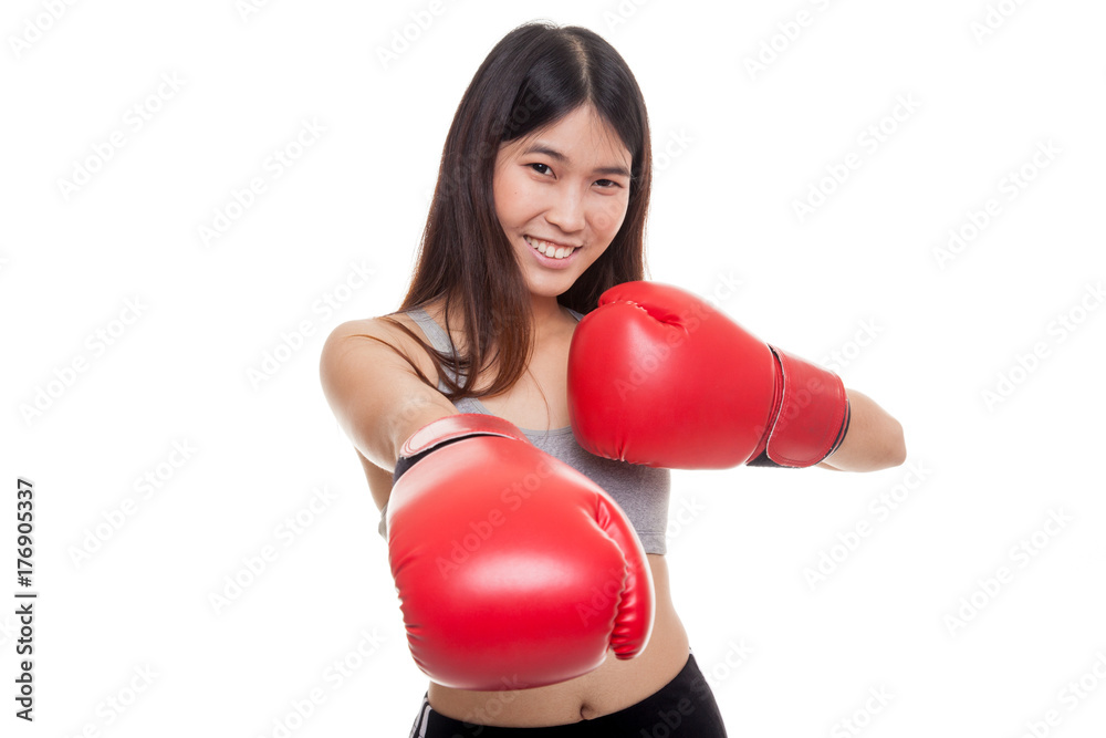 Beautiful healthy Asian girl with red boxing glove. Beautiful healthy Asian girl with red boxing glove.