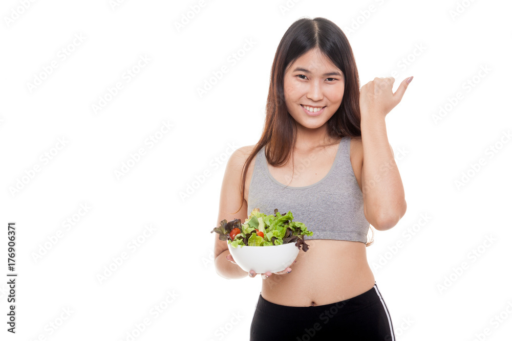 Beautiful Asian healthy girl fist up with salad. Beautiful Asian healthy girl fist up with salad.