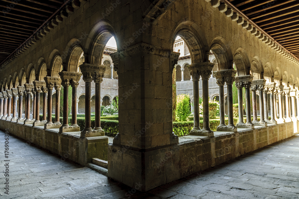 galleries with arches of the cloister of the monastery of Santa Maria of Ripoll in Gerona, Spain.