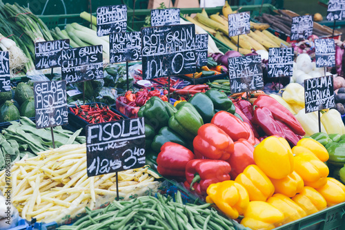 Photography Appetizing market stalls in Vienna's famous Naschmarkt.