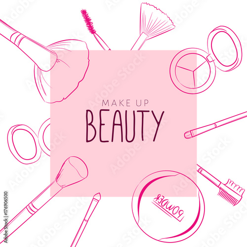 Makeup beauty emblem, logo, banner with type design and cosmetics. Makeup objects: make up brushes, eyebrow brushes, eyeshadow, blush, powder, bows, Accessories, Equipment, Beauty, Facial, Fashion