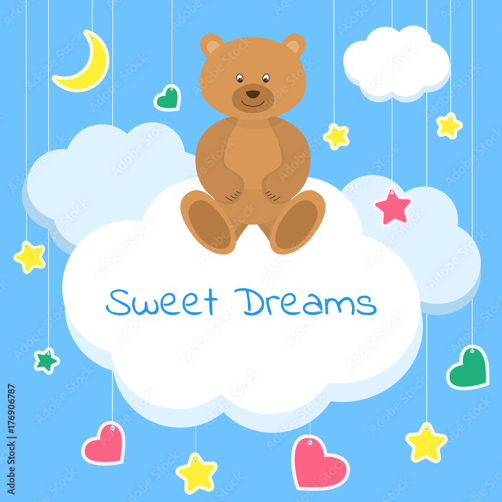 Sweet dreams colorful vector Illustration. Sleep concept. Beautiful poster for baby rooms or bedroom. Children background with moon stars blue and white cartoon clouds