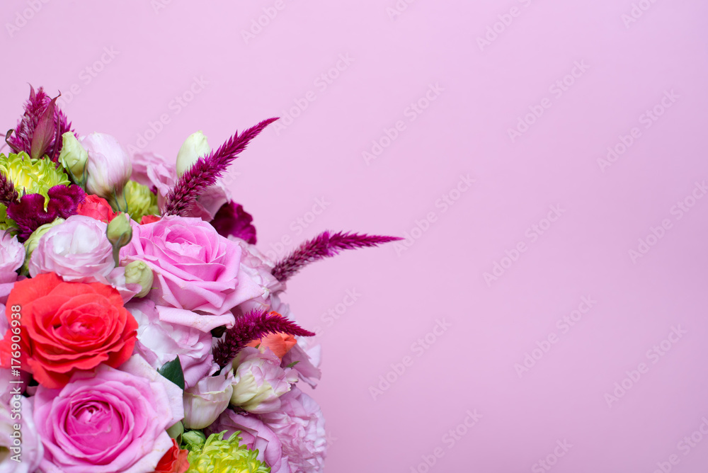 beautiful floral arrangement, pink and red rose, pink eustoma, yellow chrysanthemum beautiful floral arrangement, pink and red rose, pink eustoma, yellow chrysanthemum