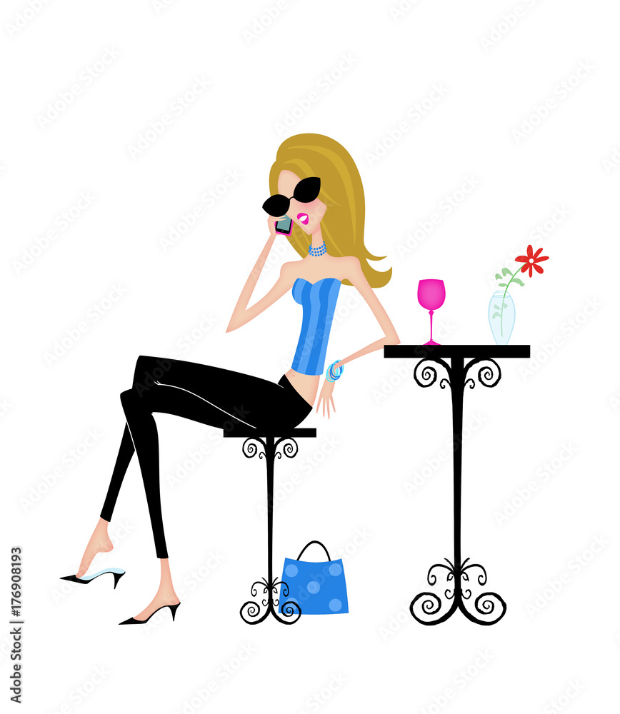 Fashion Illustration of a Stylish Woman at a Sidewalk Cafe on Her Cell Phone Isolated on White
