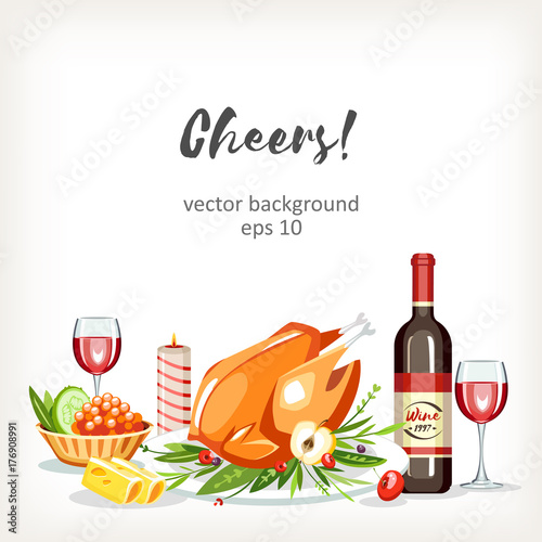 Food cooked dishes festive holiday celebration background with chicken turkey bird red wine bottle tartlet and candle