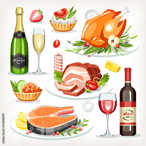 Food cooked dishes festive holiday celebration set collection chicken salmon meat cold-boiled pork champagne wine tartlet 