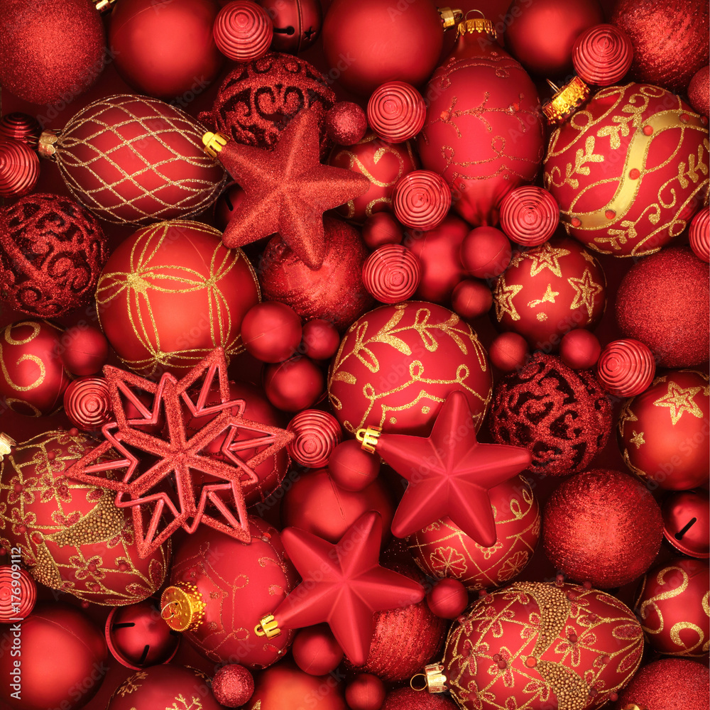 Christmas background with red and gold bauble decorations. Christmas background with red and gold bauble decorations.