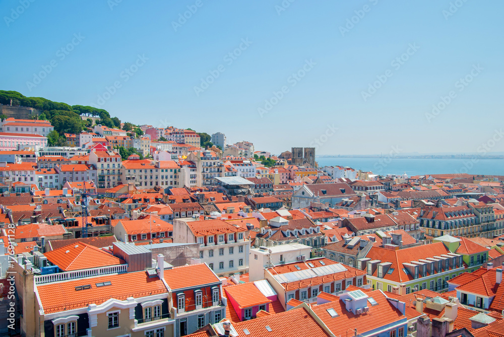 Panoramic view of Lisbon city, Portugal orange bright roofs in a suuny day