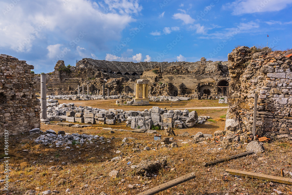 The ancient ruins of the city of Side. Side is an ancient Greek city on Mediterranean coast of Turkey. Antalya.