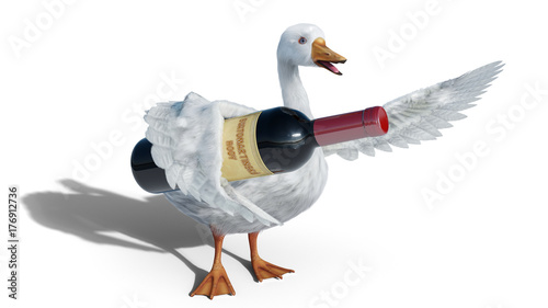 Fotografia St. Martins goose holds wine bottle isolated on white - 3D render