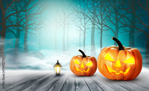 Scary Halloween background with pumpkins. Vector.