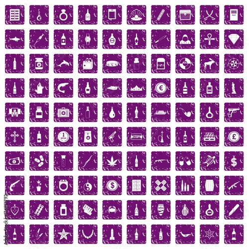 100 smuggling goods icons set grunge purple
