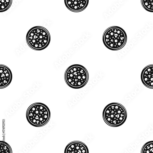 Pizza with olives and mushrooms pattern seamless black