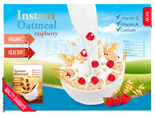Instant oatmeal with berry advert concept. Milk flowing into a bowl with grain and raspberry. Vector.