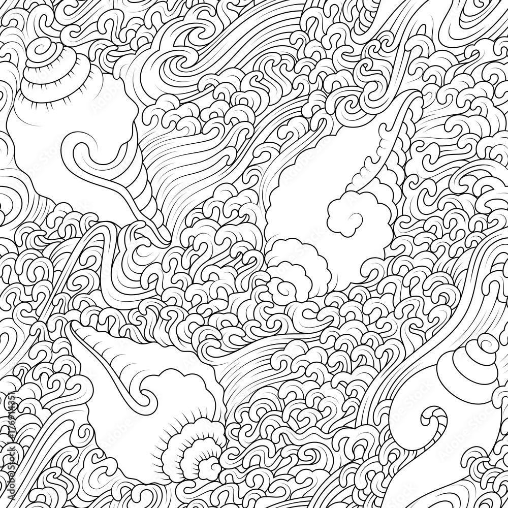 Vector black and white seamless pattern, wave and shell.