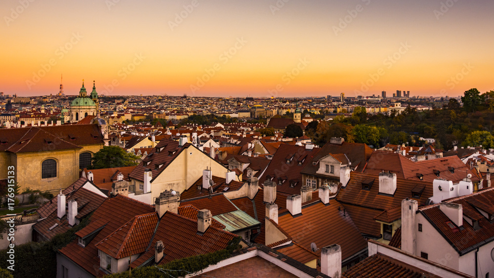 Big city. The czech capital city Prague. Aerial view during sunset.
