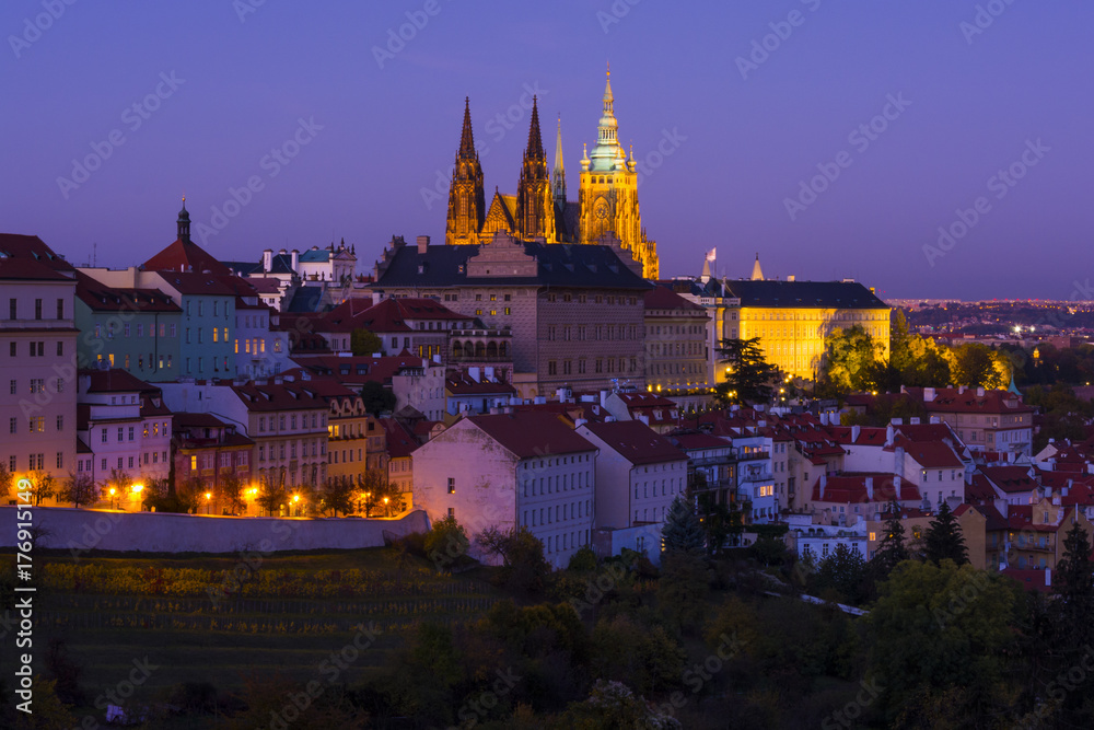 Prague castle complex with st Vitus cathedral at evening. Traditional view on the Prague castle illuminated by lights.Prague. Hradcany. Czech Republic