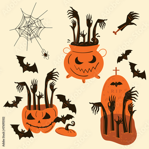 Halloween zombie hands. Trick or treat objects