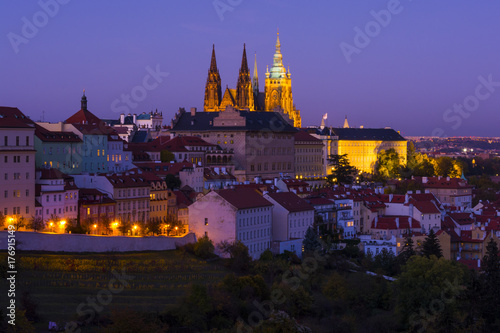 Prague castle complex with st Vitus cathedral at evening. Traditional view on the Prague castle illuminated by lights.Prague. Hradcany. Czech Republic