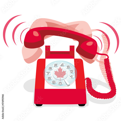 Ringing red stationary phone with flag of Canada