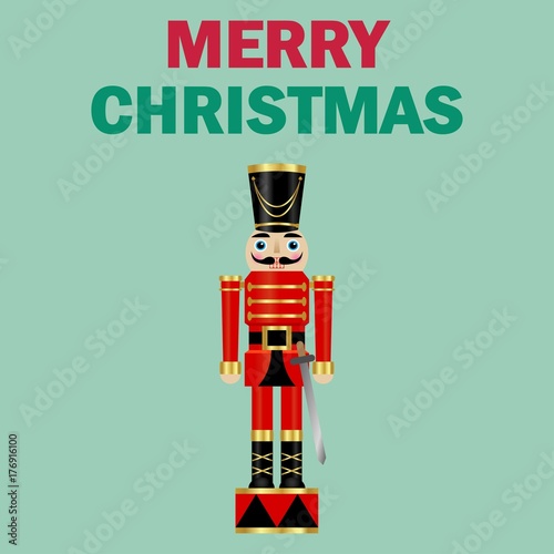 Vector illustration of a nutcracker with sword and text merry christmas 