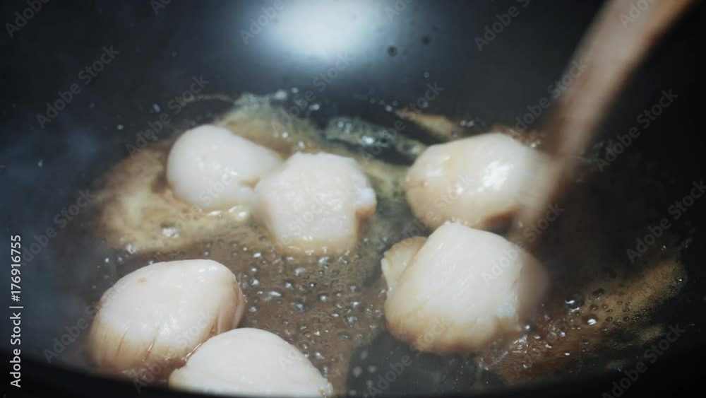 4k Italian Food, Scallops Frying in Butter 4k Italian Food, Scallops Frying in Butter