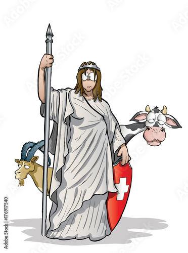 Swiss helvetia woman with an ibez and a cow