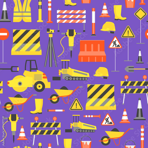 Cartoon Road Construction Background Pattern on a Purple . Vector