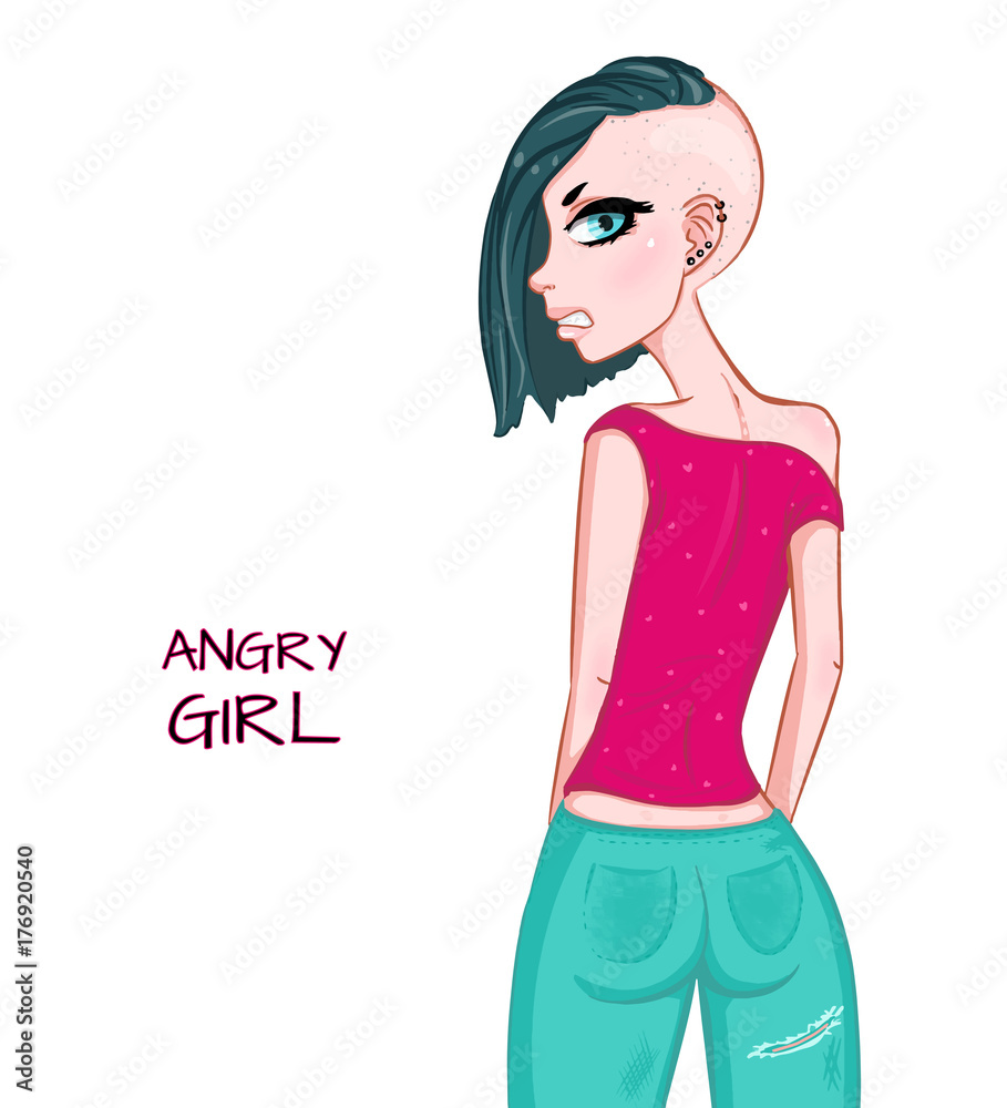 Angry girl in pink shirt on isolated white background Angry girl in pink shirt on isolated white background