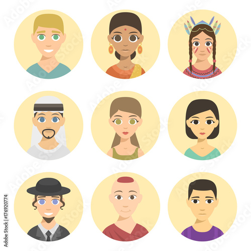 Cool avatars different nations people portraits ethnicity different skin tones ethnic affiliation and hair styles vector illustration.