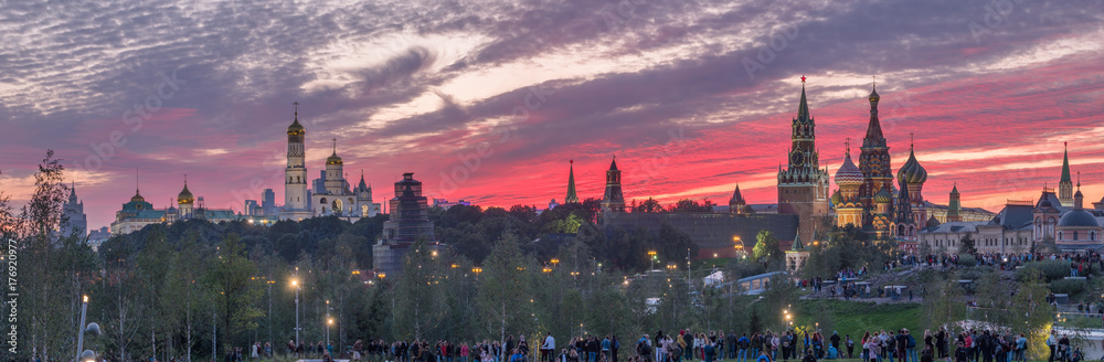Moscow. Panorama of the Kremlin from the park Zaryadye against the backdrop of a bright beautiful sunset