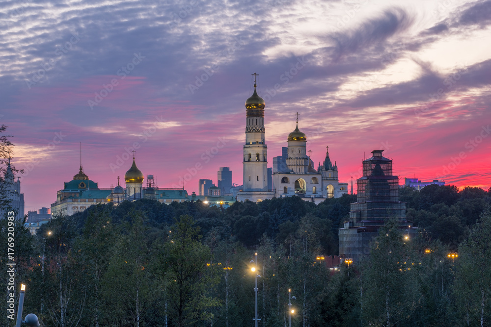 Moscow. Temples of the Kremlin on a sunset background, view from the park Zariadye