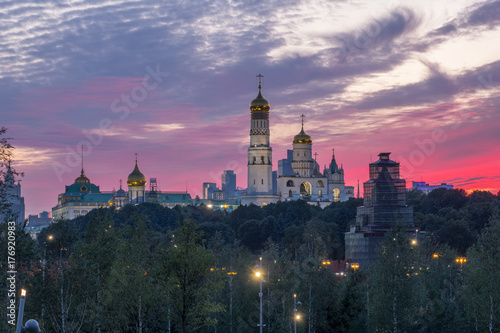 Moscow. Temples of the Kremlin on a sunset background  view from the park Zariadye