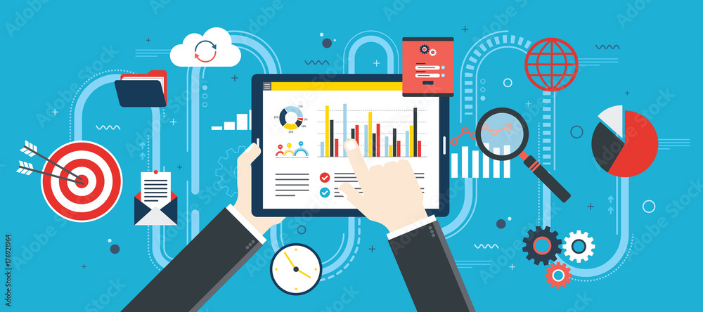 Flat design vector illustration concept of financial investment, analytics with growth report.