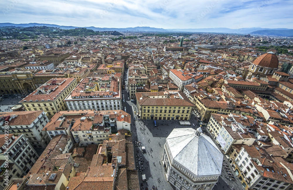 cityscape of Florence - old town with cathedral church Santa Maria del Fiore at sunny day, Florence, Italy