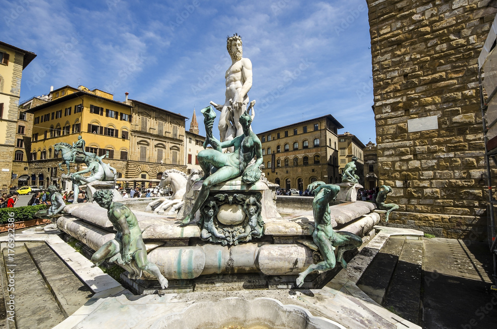 The Fountain of Neptune in a summer day in Florence, Italy