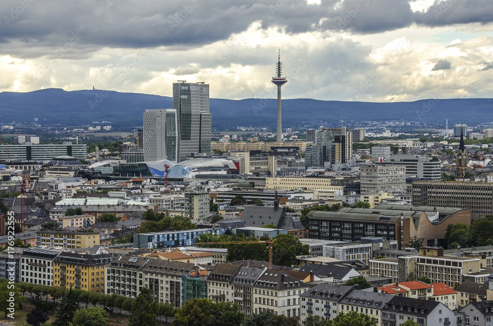 Naklejka premium Summer panorama of the financial district in Frankfurt, Germany