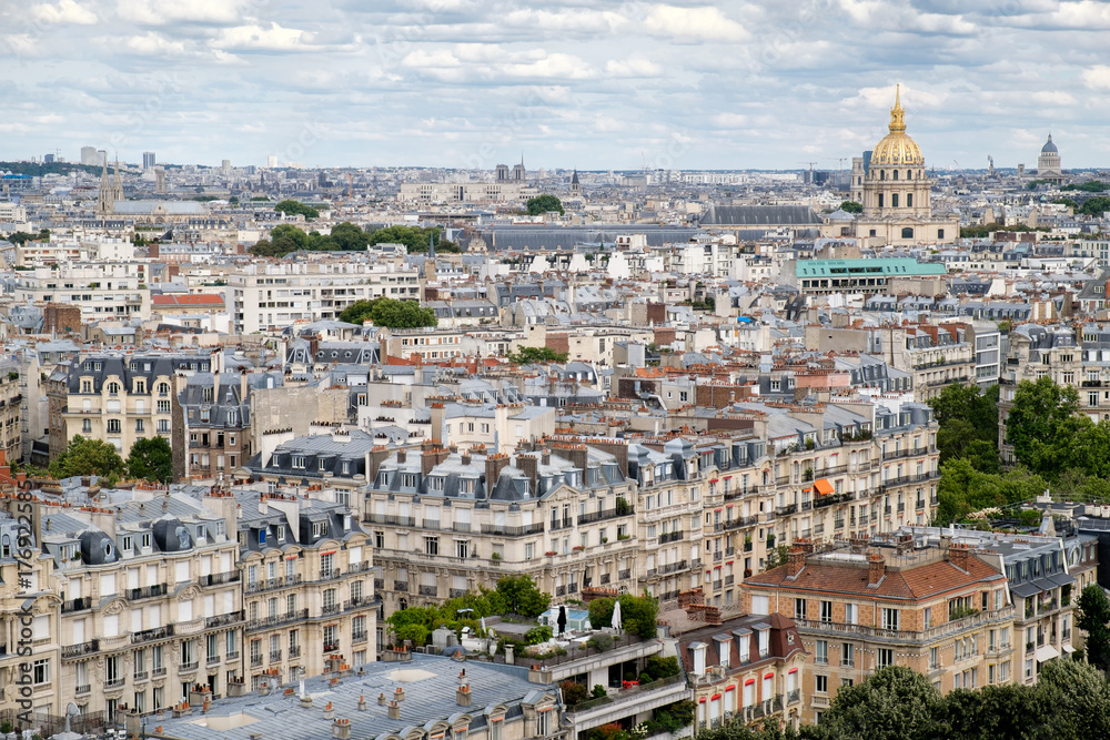 Aerial view of central Paris including Les Invalides and typical parisian houses