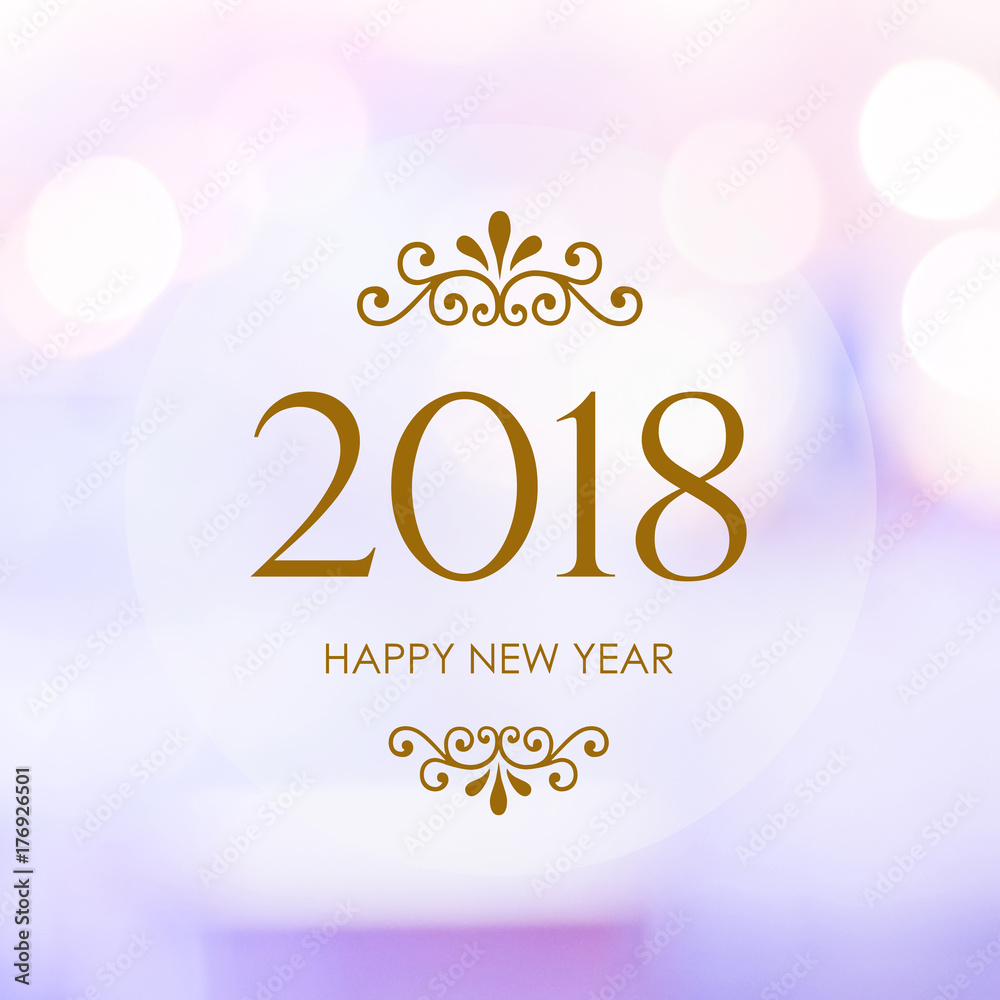 Happy New Year 2018 on blur abstract bokeh background, new year greeting card, banner